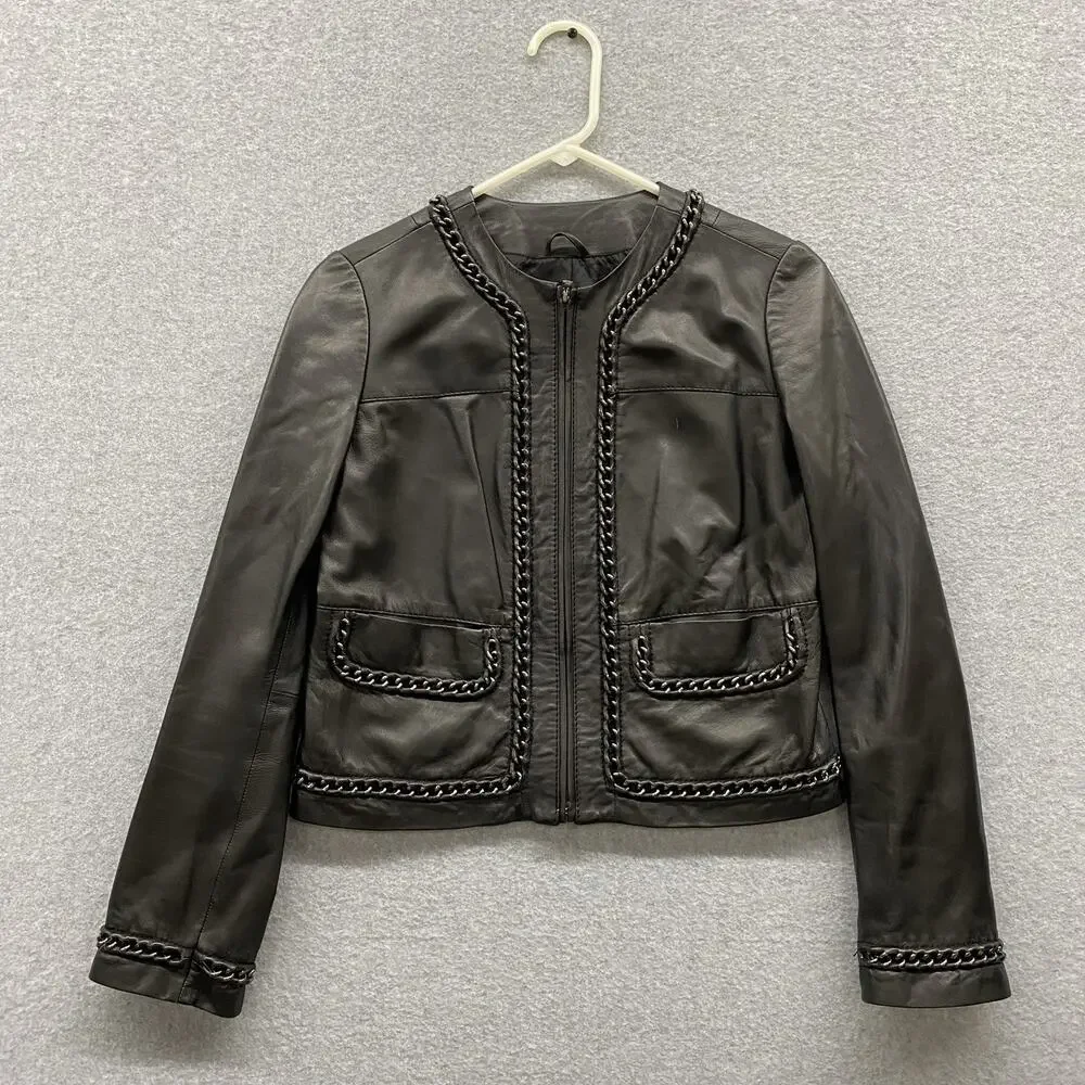 Tory Burch Black Leather Braided Trim Zip Front Jacket Women’s Size 2 Lambskin